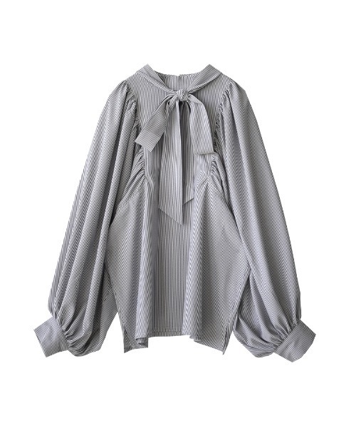 e-zakkamania stores（イーザッカマニアストアーズ）の「リボン ギャザースリーブ ブラウス（シャツ/ブラウス・レディース・ネイビー×ホワイト/ブラック/ライトベージュ・M）」の6枚目の写真