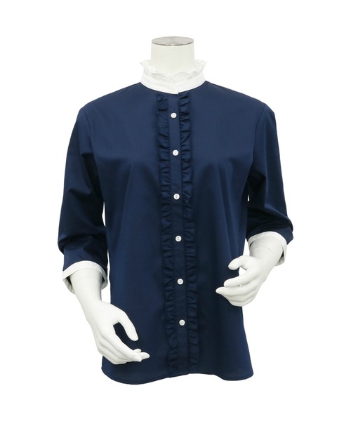 TOKYO SHIRTS（トウキョウシャツ）の「形態安定ノーアイロン スタンドミニフリル 七分袖ビジネスワイシャツ（ビジネスシャツ・レディース・ネイビー・L/LL/M/S）」の4枚目の写真