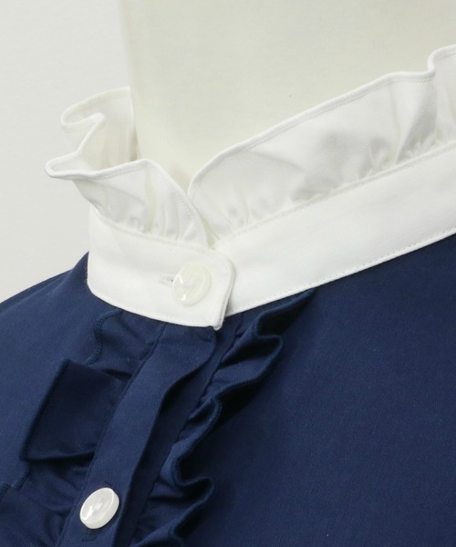 TOKYO SHIRTS（トウキョウシャツ）の「形態安定ノーアイロン スタンドミニフリル 七分袖ビジネスワイシャツ（ビジネスシャツ・レディース・ネイビー・L/LL/M/S）」の3枚目の写真