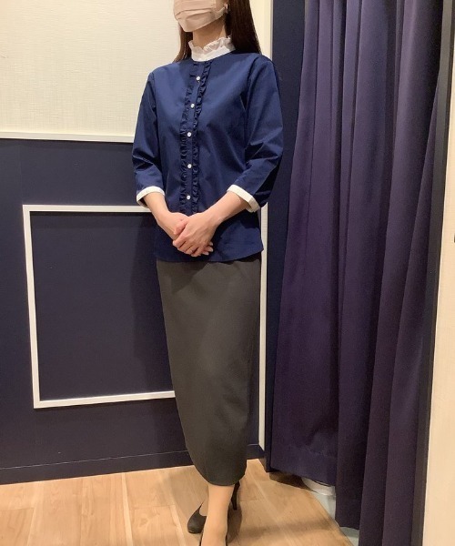 TOKYO SHIRTS（トウキョウシャツ）の「形態安定ノーアイロン スタンドミニフリル 七分袖ビジネスワイシャツ（ビジネスシャツ・レディース・ネイビー・L/LL/M/S）」の7枚目の写真