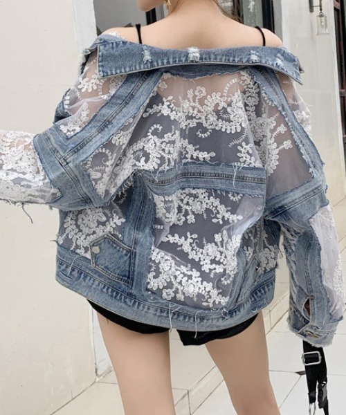 deux amour(ドゥーザムール)の「レース刺繍切り替えGジャン(デニムジャケット・レディース・ブルー・FREE)」の1枚目の写真