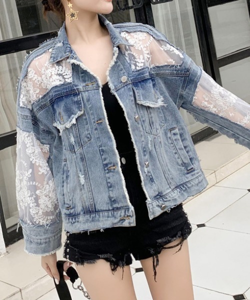 deux amour(ドゥーザムール)の「レース刺繍切り替えGジャン(デニムジャケット・レディース・ブルー・FREE)」の9枚目の写真