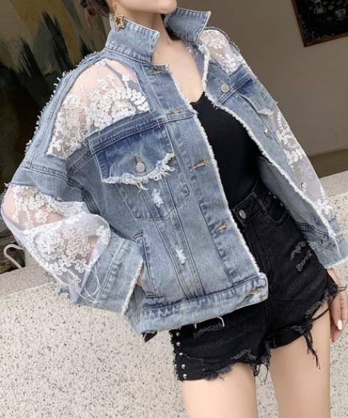 deux amour(ドゥーザムール)の「レース刺繍切り替えGジャン(デニムジャケット・レディース・ブルー・FREE)」の8枚目の写真