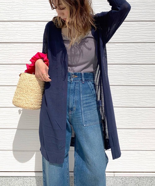 Q（キュー）の「UVサイドボタンロングカーデ（カーディガン/ボレロ・レディース・オレンジ/ネイビー/ライトグレー・MEDIUM）」の2枚目の写真