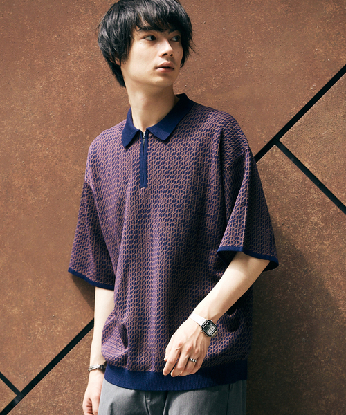 JOURNAL STANDARD（ジャーナルスタンダード）の「《追加》ヴィンテージパターン ジャカードハーフジップショートスリーブ（ポロシャツ・メンズ・ブラック/ベージュ/ネイビー・MEDIUM/LARGE）」の8枚目の写真