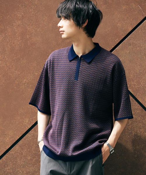 JOURNAL STANDARD（ジャーナルスタンダード）の「《追加》ヴィンテージパターン ジャカードハーフジップショートスリーブ（ポロシャツ・メンズ・ブラック/ベージュ/ネイビー・MEDIUM/LARGE）」の9枚目の写真