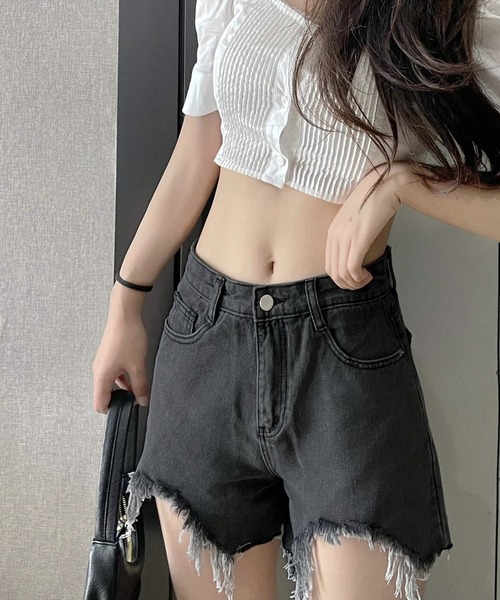Vipoa(ヴィポア)の「クラッシュショートデニムパンツ(デニムパンツ・レディース・ブラック/グレー/ブルー/ホワイト・SMALL/MEDIUM)」の1枚目の写真