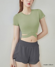クロップド丈半袖トップ タンクトップ インナー ヨガ ジム Tシャツ