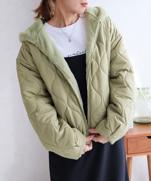 Social GIRL（ソーシャルガール）の「ファーフード付きキルトブルゾン（ブルゾン・レディース・グレー/ブラック/モカ/カーキ/ホワイト・M/L/LL）」の6枚目の写真