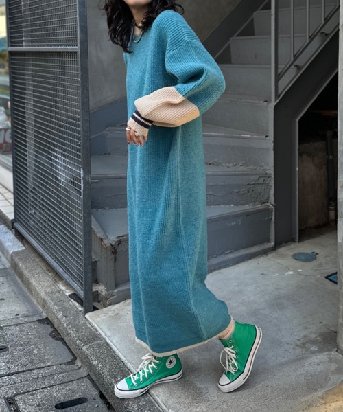 mi via loca（ミヴィアロカ）の「バイカラー畦ニットワンピース（ワンピース・レディース・トップグレー/ターコイズブルー・FREE）」の13枚目の写真