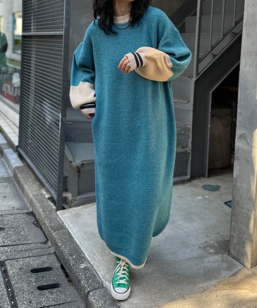 mi via loca（ミヴィアロカ）の「バイカラー畦ニットワンピース（ワンピース・レディース・トップグレー/ターコイズブルー・FREE）」の14枚目の写真