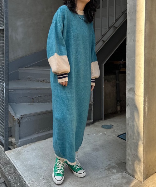 mi via loca（ミヴィアロカ）の「バイカラー畦ニットワンピース（ワンピース・レディース・トップグレー/ターコイズブルー・FREE）」の17枚目の写真