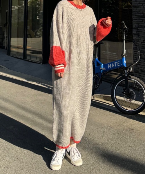mi via loca（ミヴィアロカ）の「バイカラー畦ニットワンピース（ワンピース・レディース・トップグレー/ターコイズブルー・FREE）」の7枚目の写真