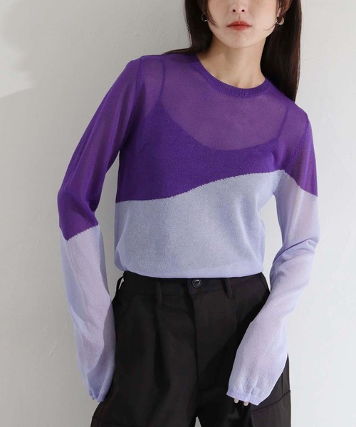 cheriella（シェリエラ）の「【cheriella】WEB限定シアーインターシャニット新色追加（ニット/セーター・レディース・オレンジ/パープル/ネイビー/カーキ/グレイッシュベージュ/ブラック・M）」の5枚目の写真