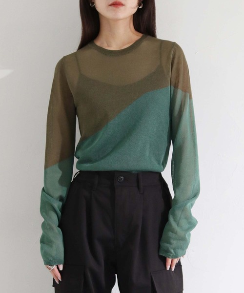 cheriella（シェリエラ）の「【cheriella】WEB限定シアーインターシャニット新色追加（ニット/セーター・レディース・オレンジ/パープル/ネイビー/カーキ/グレイッシュベージュ/ブラック・M）」の3枚目の写真