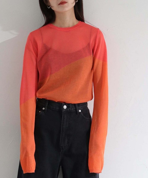 cheriella（シェリエラ）の「【cheriella】WEB限定シアーインターシャニット新色追加（ニット/セーター・レディース・オレンジ/パープル/ネイビー/カーキ/グレイッシュベージュ/ブラック・M）」の6枚目の写真