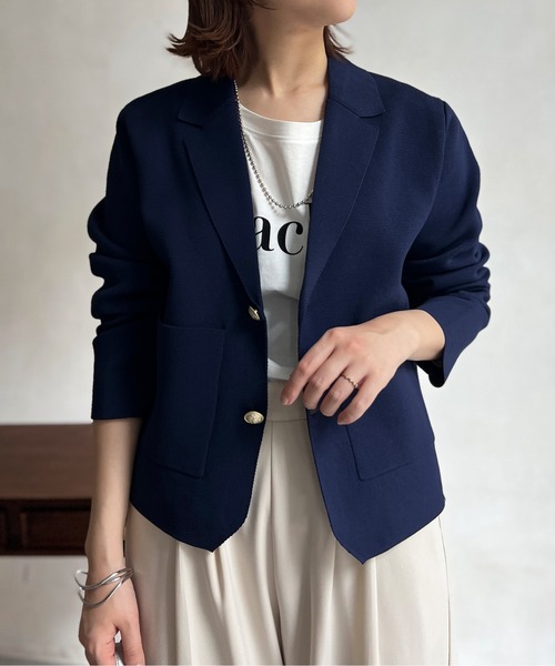Chez toi（シェトワ）の「軽量ミラノリブニットテーラードジャケット（テーラードジャケット・レディース・ネイビー/オフホワイト・FREE）」の3枚目の写真