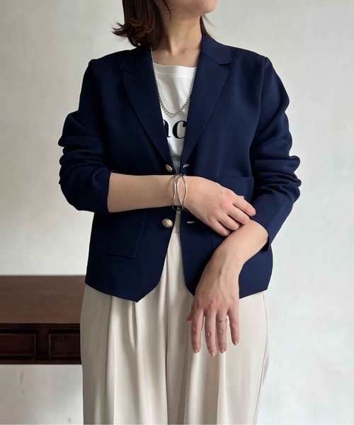 Chez toi（シェトワ）の「軽量ミラノリブニットテーラードジャケット（テーラードジャケット・レディース・ネイビー/オフホワイト・FREE）」の4枚目の写真