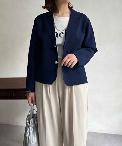 Chez toi（シェトワ）の「軽量ミラノリブニットテーラードジャケット（テーラードジャケット・レディース・ネイビー/オフホワイト・FREE）」の8枚目の写真