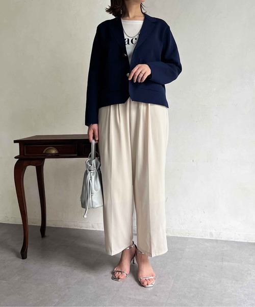 Chez toi（シェトワ）の「軽量ミラノリブニットテーラードジャケット（テーラードジャケット・レディース・ネイビー/オフホワイト・FREE）」の9枚目の写真