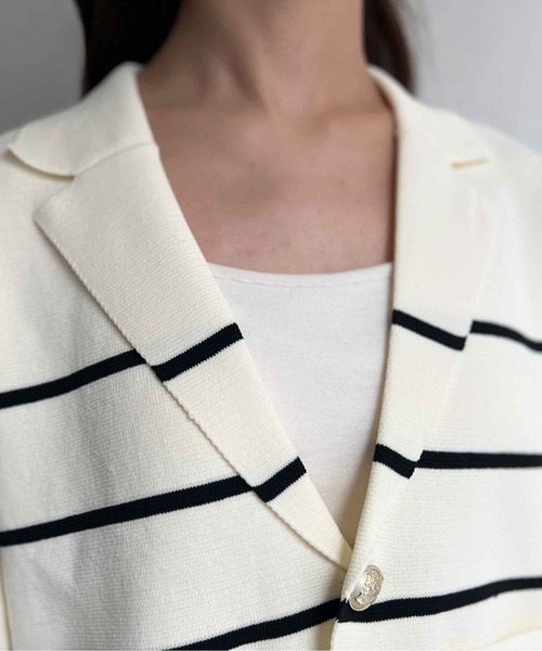 Chez toi（シェトワ）の「軽量ミラノリブニットテーラードジャケット（テーラードジャケット・レディース・ネイビー/オフホワイト・FREE）」の12枚目の写真