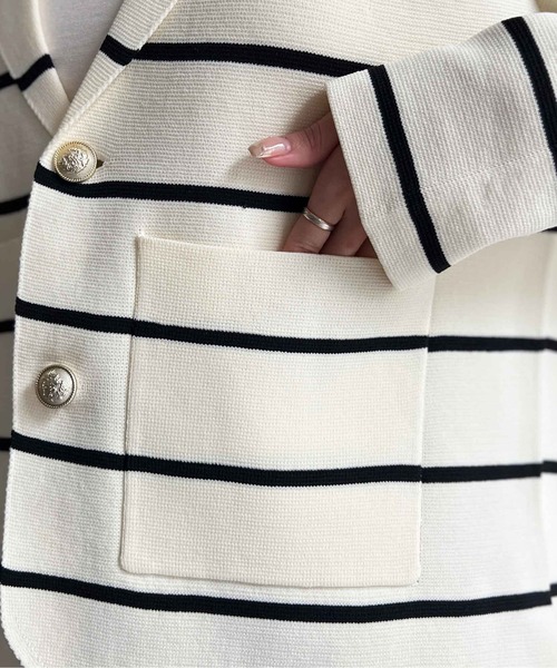 Chez toi（シェトワ）の「軽量ミラノリブニットテーラードジャケット（テーラードジャケット・レディース・ネイビー/オフホワイト・FREE）」の14枚目の写真