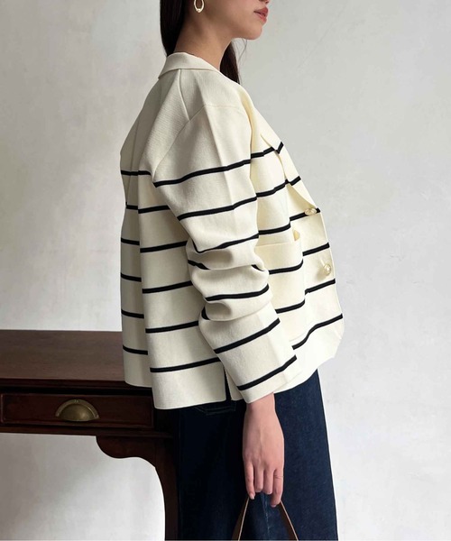 Chez toi（シェトワ）の「軽量ミラノリブニットテーラードジャケット（テーラードジャケット・レディース・ネイビー/オフホワイト・FREE）」の18枚目の写真