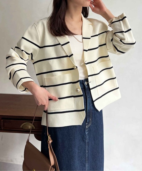 Chez toi（シェトワ）の「軽量ミラノリブニットテーラードジャケット（テーラードジャケット・レディース・ネイビー/オフホワイト・FREE）」の16枚目の写真