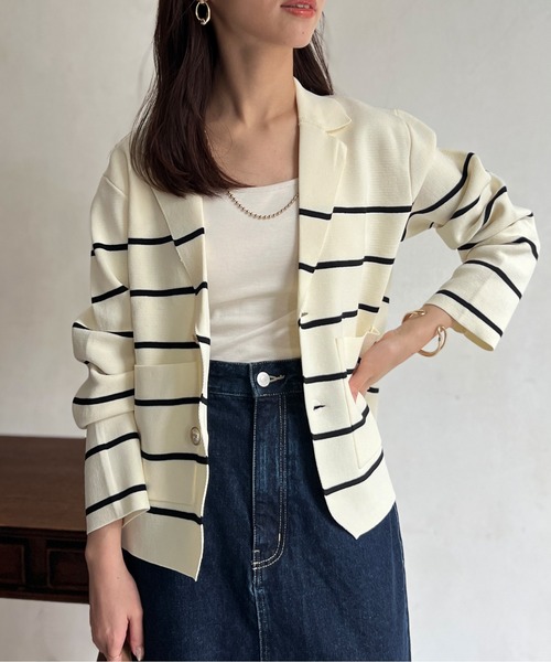 Chez toi（シェトワ）の「軽量ミラノリブニットテーラードジャケット（テーラードジャケット・レディース・ネイビー/オフホワイト・FREE）」の17枚目の写真