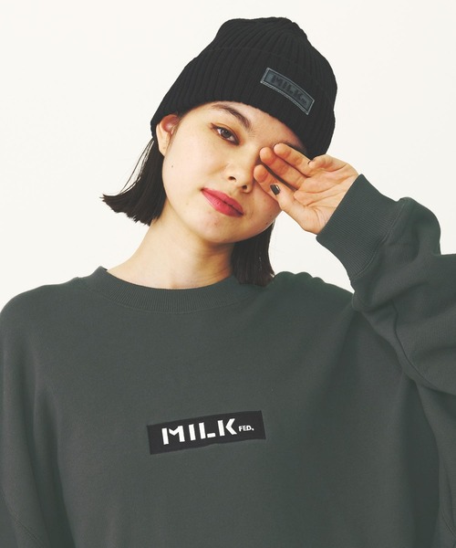 MILKFED.（ミルクフェド）の「RUBBER PATCH KNIT CAP（ニットキャップ/ビーニー・レディース・アッシュ/ブラック/ベージュ・ONE SIZE）」の2枚目の写真