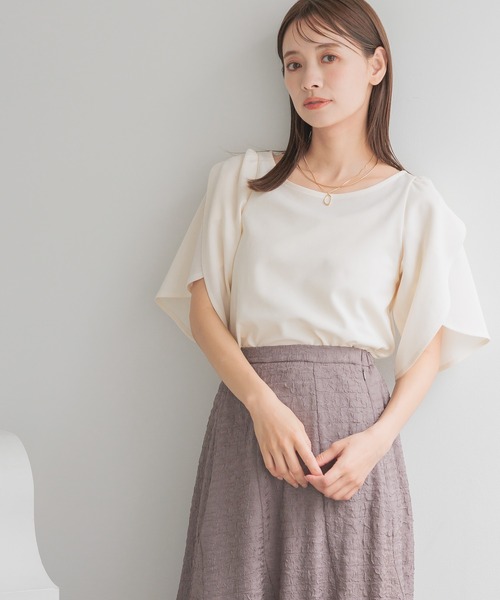 mysty woman（ミスティウーマン）の「チューリップスリーブプルオーバー　128889（Tシャツ/カットソー・レディース・ブラック/オフホワイト/ピンク・FREE）」の2枚目の写真