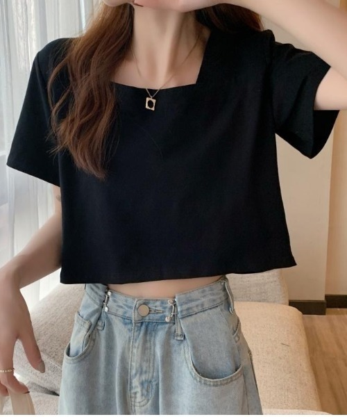 gossip!ロサンゼルス(ゴシップロサンゼルス)の「スクエアネッククロップドTシャツ(Tシャツ/カットソー・レディース・ホワイト/ブラック・S/M)」の2枚目の写真