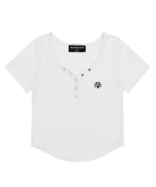 muahmuah(ムーアムーア)の「A'GEM/9 × .kom 『muah muah/ムーアムーア』 LOGOSTITCHBUTTONCROPHALFT-SHIRT/ロゴステッチ ボタンクロップ ハーフ半袖カットソー(Tシャツ/カットソー・レディース・ブラック/ホワイト/グリーン・FREE)」の9枚目の写真
