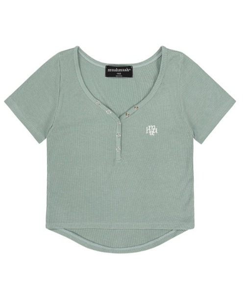 muahmuah(ムーアムーア)の「A'GEM/9 × .kom 『muah muah/ムーアムーア』 LOGOSTITCHBUTTONCROPHALFT-SHIRT/ロゴステッチ ボタンクロップ ハーフ半袖カットソー(Tシャツ/カットソー・レディース・ブラック/ホワイト/グリーン・FREE)」の7枚目の写真
