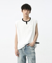 オーバーサイズ フェイクレイヤードキーネックノースリーブTシャツ ベスト