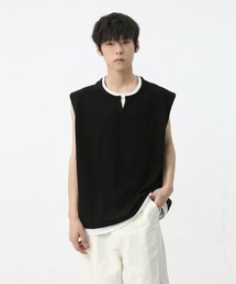 オーバーサイズ フェイクレイヤードキーネックノースリーブTシャツ ベスト