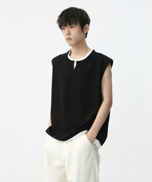 Ressaca(レサーカ)の「オーバーサイズ フェイクレイヤードキーネックノースリーブTシャツ ベスト(Tシャツ/カットソー・メンズ・ブラック/ホワイト・M/L/XL)」の5枚目の写真