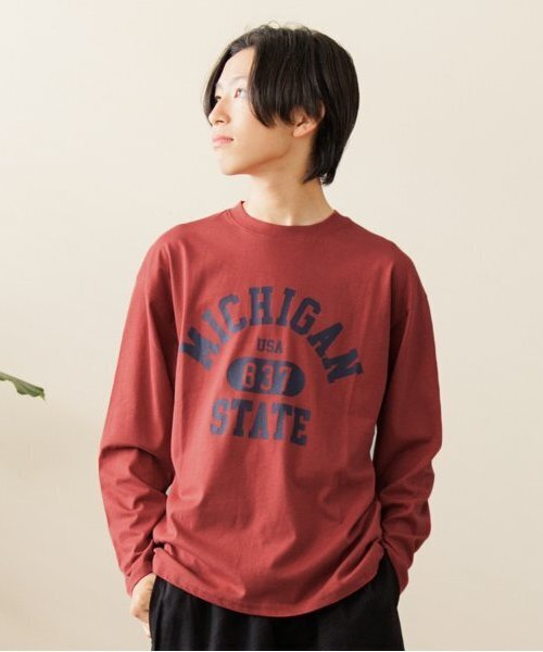 GLAZOS（グラソス）の「【大人向けサイズあり】【プチプラ】フロントカレッジロゴ長袖Tシャツ（Tシャツ/カットソー・キッズ・グレー/オレンジ/ベージュ/ネイビー/インディゴブルー/ホワイト・140cm/150cm/160cm/170cm）」の6枚目の写真