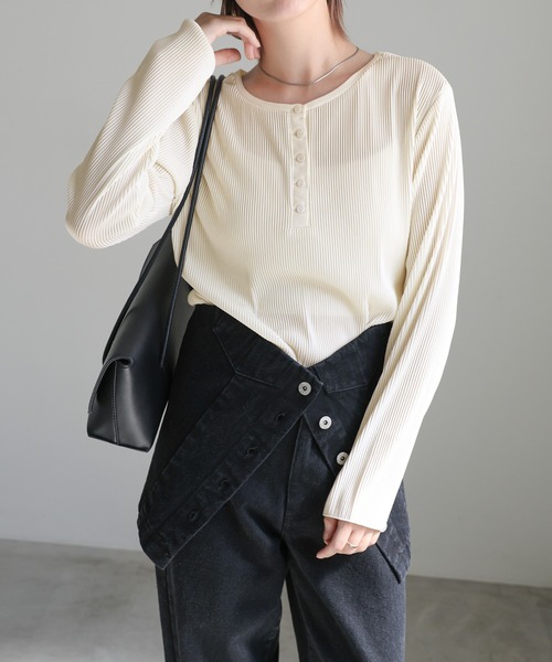 セール】2WAYプリーツストライプトップス（Tシャツ/カットソー
