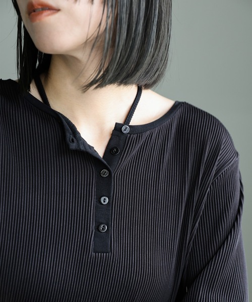 select MOCA(セレクトモカ)の「2WAYプリーツストライプトップス(Tシャツ/カットソー・レディース・アイボリー/ブラック/ブラウン・FREE)」の13枚目の写真