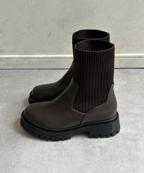 Thevon（ゼボン）の「ニット切替厚底ブーツ（ブーツ・レディース・ブラック/ダークブラウン・M/L）」の6枚目の写真
