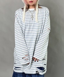 【DARRDY/ダーディー】長袖ダメージ加工ボーダーオーバーサイズTシャツ