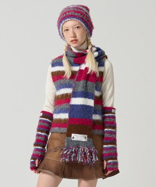 TINA：JOJUN（ティーナジョジュン）の「2024Limited Edition ボーダーマフラー TINA：JOJUN（マフラー・レディース・ブラウン/パープル・M）」の2枚目の写真