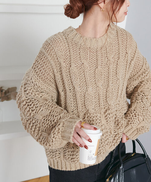 DISCOAT（ディスコート）の「編地切替プルオーバー（ニット/セーター・レディース・アイボリー/チャコールグレー/ベージュ・FREE）」の3枚目の写真