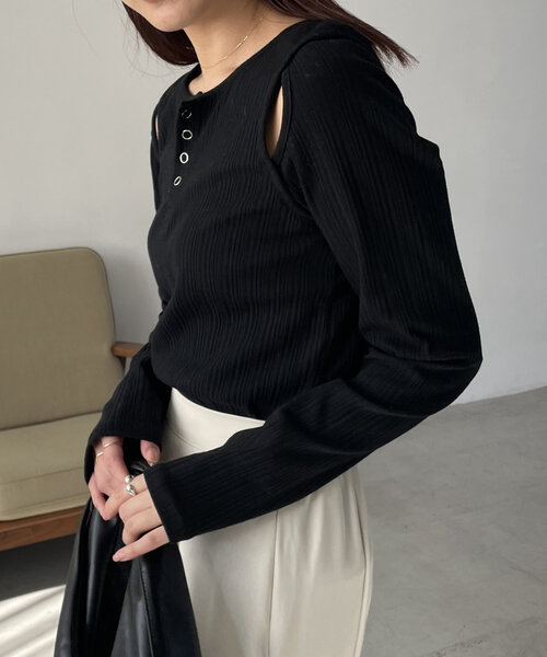 CAPRICIEUX LE'MAGE（カプリシューレマージュ）の「ランダムリブ2WAYロンT（Tシャツ/カットソー・レディース・ベージュ/アイボリー/ブラック・FREE）」の8枚目の写真