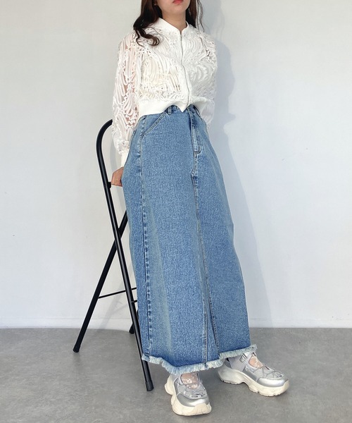 AS KNOW AS plus(アズノゥアズプラス)の「●リメイク風デニムロングスカート(デニムスカート・レディース・ブラック/ブルー/ケミカルウォッシュ・FREE)」の8枚目の写真