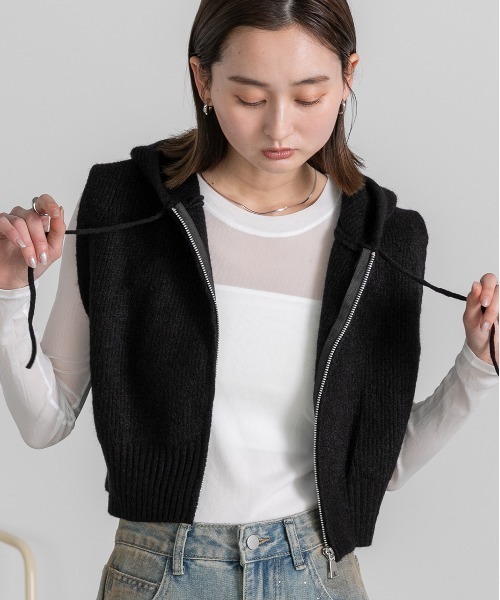 ad thie(アドティエ)の「フード付き ジップアップ ニットベスト(ベスト・レディース・オフホワイト/グレー/ブラック・FREE)」の18枚目の写真