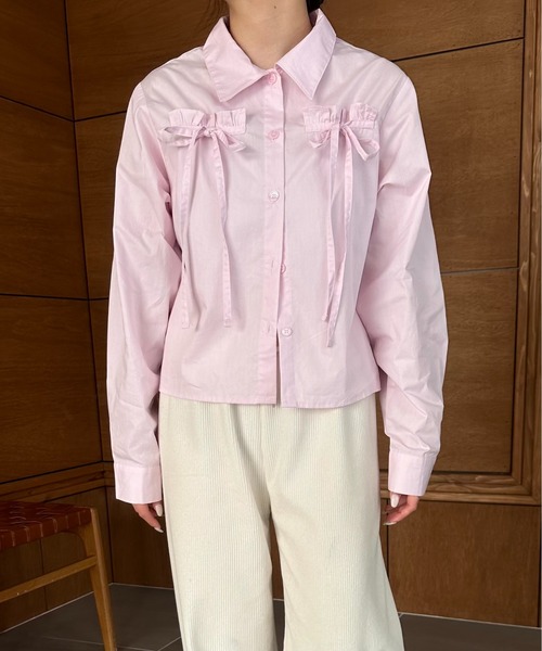 lawgy(ラウジー)の「front ribbon short shirt / フロントリボンショートシャツ(シャツ/ブラウス・レディース・チャコールグレー/ピンク/ホワイト・FREE)」の14枚目の写真
