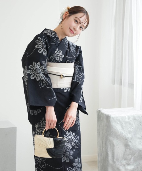 手染め注染浴衣3点セット utatane×注染工房 赤坂紬 ブラックに露