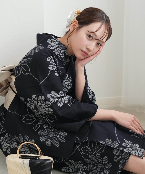 手染め注染浴衣3点セット utatane×注染工房 赤坂紬 ブラックに露
